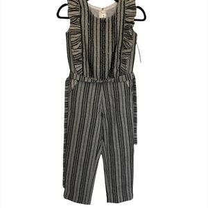 MINNIE MINORS BOUTIQUE Jumpsuit Girl's Size 8/9 Black Belt Stripes Ruffles